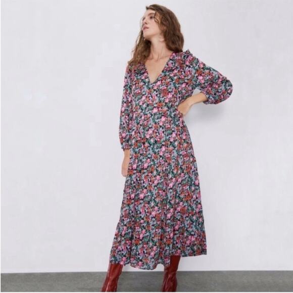 Zara Cottagecore Semi Sheer Pink, Red and Black Floral Midi / Maxi Dress -XS/S - Picture 1 of 9